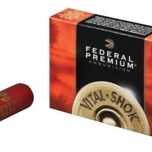 Red and gold federal premium ammunition box and shotgun shells labeled vital-shok buckshot.