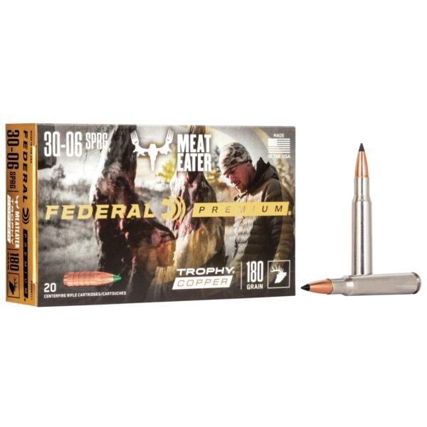 Federal premium 30-06 sprg ammo box and two copper-colored rifle cartridges on display, showcasing "meat eater" branding and 180-grain specification.