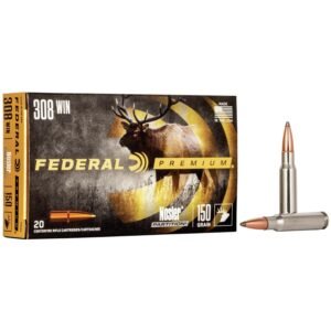 Federal premium. 308 winchester ammunition box with elk illustration, featuring 20 nosler partition cartridges, 150 grain.