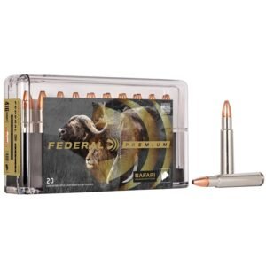 Federal premium safari ammunition 20-round box with visible copper-tipped bullets and animal graphics on packaging.