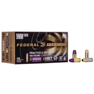 Federal premium 9mm luger ammo box with 100-round combo pack, featuring purple and copper bullets designed for practice and defense.