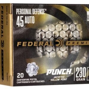 Federal premium 45 auto personal defense ammo box, featuring gold and black colors, "made in the usa" label, and highlighting 230 grain, jacketed hollow point cartridges designed for punch.