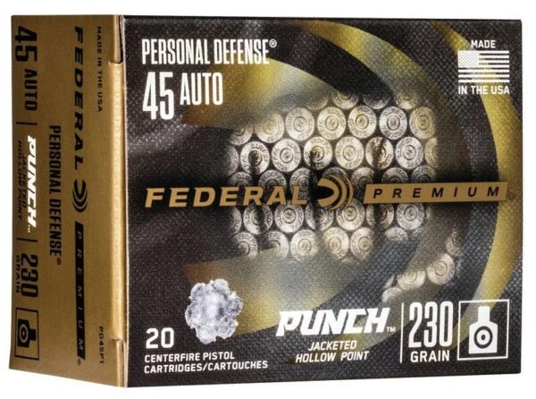 Federal premium 45 auto personal defense ammo box, featuring gold and black colors, "made in the usa" label, and highlighting 230 grain, jacketed hollow point cartridges designed for punch.