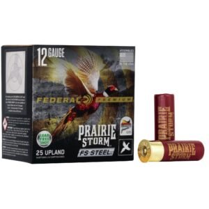 Federal premium prairie storm fs steel 12-gauge ammo box and red-gold shotgun shells featuring a pheasant design.