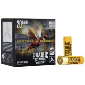 Federal premium prairie storm 20 gauge ammunition box with a colorful pheasant design, featuring yellow shotgun shells labeled "prairie storm" on a white background.