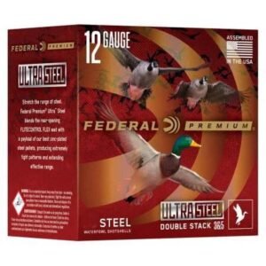 A box of federal premium ultra steel 12 gauge waterfowl shotshells with a red and brown design featuring flying ducks and the american flag, labeled as assembled in the usa.