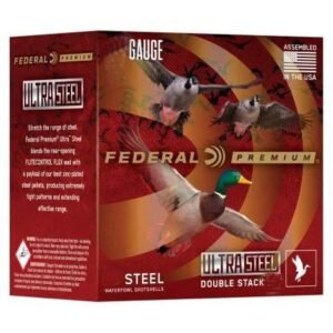 Federal premium ultra steel waterfowl shotshells box with a red and brown design featuring images of flying ducks and an american flag, emphasizing keywords firearms, guns, ammo, bag, iowa, casey iowa.