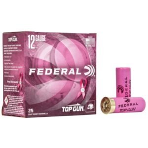 Pink federal top gun 12-gauge clay target shotshells box and two pink shells; "made in the usa" label visible.