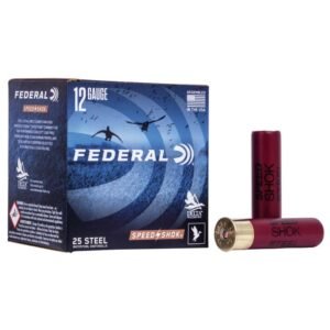 Federal 12 gauge ammunition box in blue with white text "federal speed shok," depicting flying waterfowl, next to two red shotgun shells marked "speed shok steel," with brass bases.