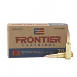 Frontier cartridge box with military-grade ammo, featuring hornady bullets, on a white background; keywords: firearms, guns, ammo, bag, iowa, casey iowa.