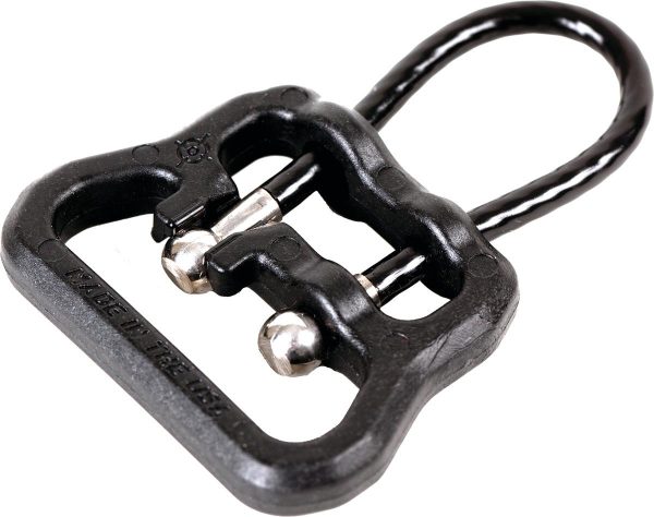 Black plastic buckle with metal clasps and cable loop, labeled "made in the usa. "