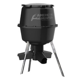 Black American Hunter outdoor feeder with metallic tripod legs.
