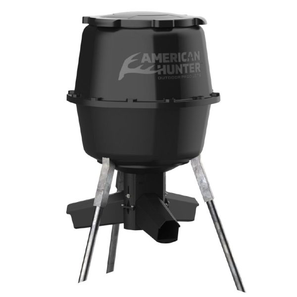 Black american hunter outdoor feeder with metallic tripod legs.