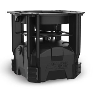 Black "American Hunter" outdoor feeder with solid construction, notable for its square design and sturdy framework, used for feeding wildlife.