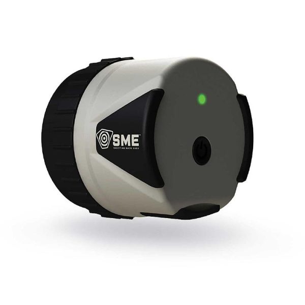 Gray and black sme electronic shooting target with a green indicator light.