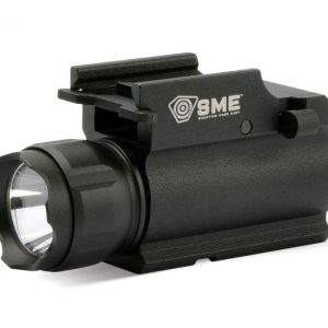 Black gun rail mount tactical flashlight with white lens, featuring "SME" branding.