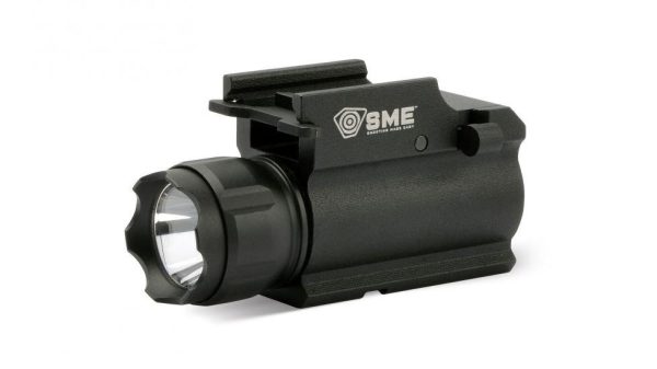 Black gun rail mount tactical flashlight with white lens, featuring "sme" branding.