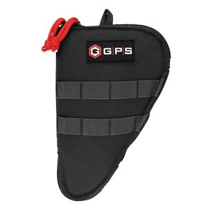 Black GPS firearm storage bag with red zipper pull and gray straps, featuring a GPS logo patch.