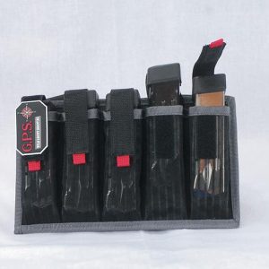 Black and gray ammo bag with multiple compartments and red accents, containing firearm magazines, labeled "G.P.S."