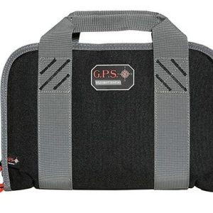 A black and gray G.P.S. brand firearm carry bag with a sturdy handle, featuring red zipper pulls and a logo patch on the front.