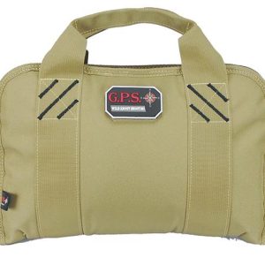 Tan GPS tactical firearm and ammo bag with sturdy handles and a logo patch, suitable for carrying guns and ammunition, ideal for shooting enthusiasts in Casey, Iowa.