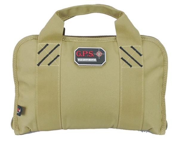 Tan gps tactical firearm and ammo bag with sturdy handles and a logo patch, suitable for carrying guns and ammunition, ideal for shooting enthusiasts in casey, iowa.