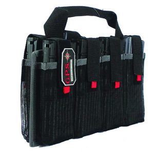 Black tactical ammo bag with multiple compartments, featuring red accents and a "G.P.S." logo tag, designed for firearm accessories.