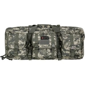 Digital camouflage rifle bag with multiple compartments, featuring black buckles and a GPS logo.