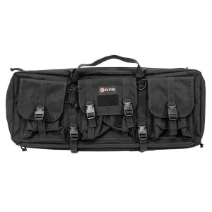 Black GPS tactical gun bag with multiple pockets and buckles, designed for firearms and ammo storage.