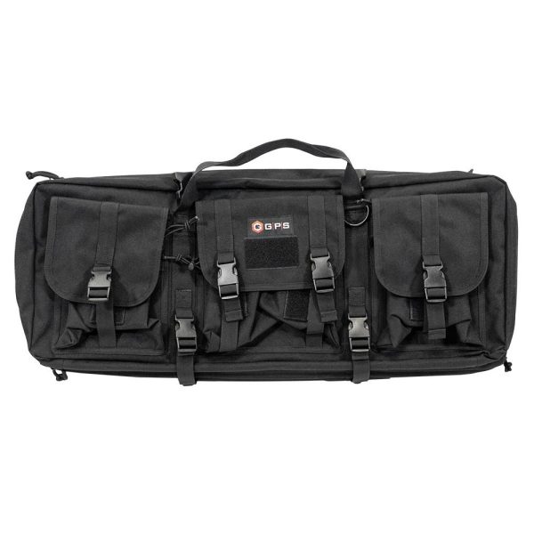 Black gps tactical gun bag with multiple pockets and buckles, designed for firearms and ammo storage.