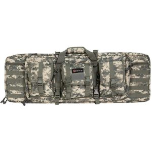 Digital camouflage firearm bag with green and beige patterns, featuring multiple pockets and sturdy handles.