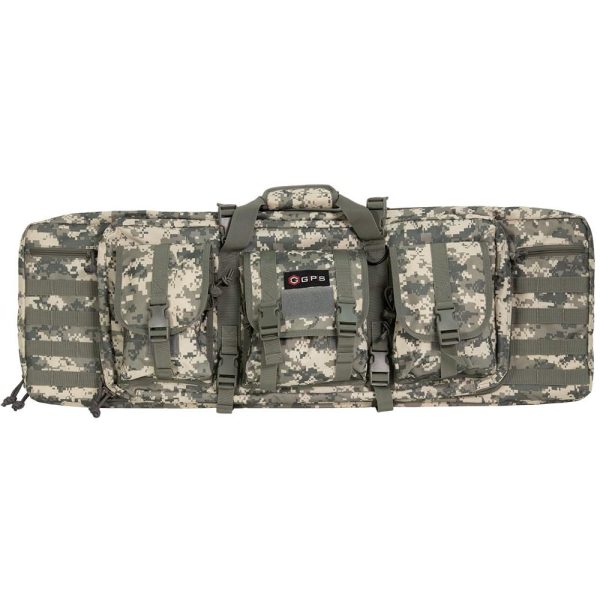Digital camouflage firearm bag with green and beige patterns, featuring multiple pockets and sturdy handles.