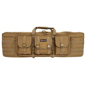 Tan tactical firearm bag with multiple pockets and buckles, featuring a GPS logo, suitable for transporting guns and ammo, associated with Casey, Iowa.