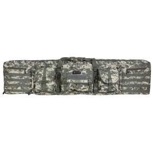 Camouflage gun bag with multiple pockets, MOLLE webbing, and a patch reading "GPS" on the front, suitable for carrying firearms and ammo.