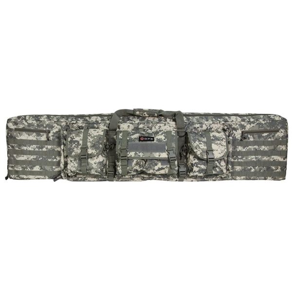 Camouflage gun bag with multiple pockets, molle webbing, and a patch reading "gps" on the front, suitable for carrying firearms and ammo.