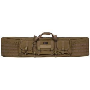 Olive green tactical gun bag with multiple pockets and straps, designed for firearms and ammo storage, showcasing GPS branding.