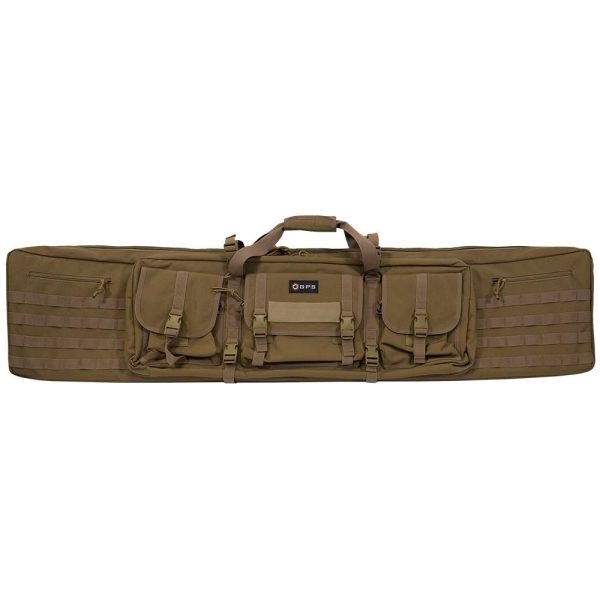 Olive green tactical gun bag with multiple pockets and straps, designed for firearms and ammo storage, showcasing gps branding.
