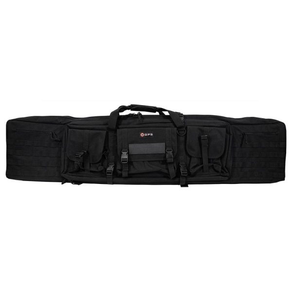Black tactical gun bag with multiple pockets and buckles for firearms and ammo; brand logo "gps" visible.