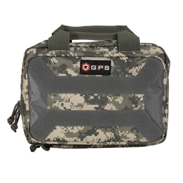 Camouflage gps brand firearm bag in digital camo pattern with gray accents.