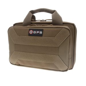 Tan tactical gun bag with GPS logo, sturdy handles, and reinforced edges.