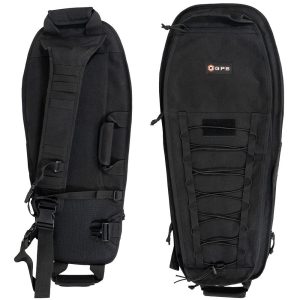 Black tactical gun case with adjustable straps and MOLLE webbing, featuring GPS logo, suitable for firearms and ammo storage, ideal for use in Casey, Iowa.