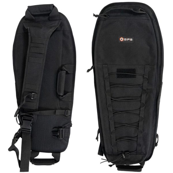 Black tactical gun case with adjustable straps and molle webbing, featuring gps logo, suitable for firearms and ammo storage, ideal for use in casey, iowa.