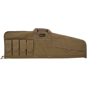 Olive green gun bag with multiple pockets, handles, and GPS label, suitable for firearms and ammo storage, located in Casey, Iowa.