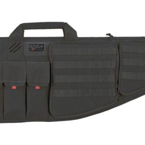 Black tactical gun case with multiple exterior pockets and a sturdy handle, designed for firearms storage and transport.