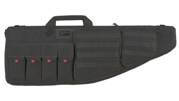 Black tactical gun case with multiple exterior pockets and a sturdy handle, designed for firearms storage and transport.