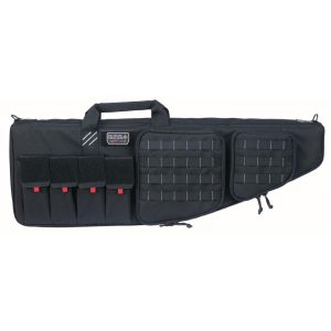 Black tactical firearm bag with multiple pockets and red zipper pulls, designed for gun storage and transport.