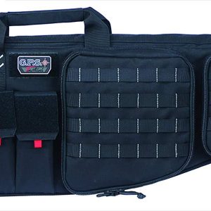 Black tactical firearm bag with multiple compartments, Velcro closures, and red pull tabs.