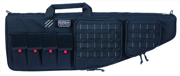 Black tactical firearm bag with multiple compartments, velcro closures, and red pull tabs.