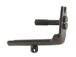 Black metal gun accessory part on a white background.