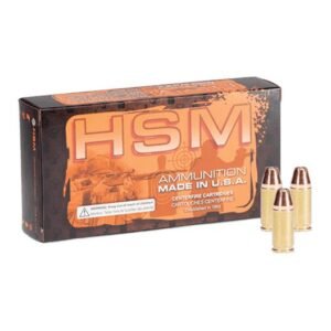 Box of hsm ammunition with orange and black design, featuring three centerfire cartridges displayed alongside.